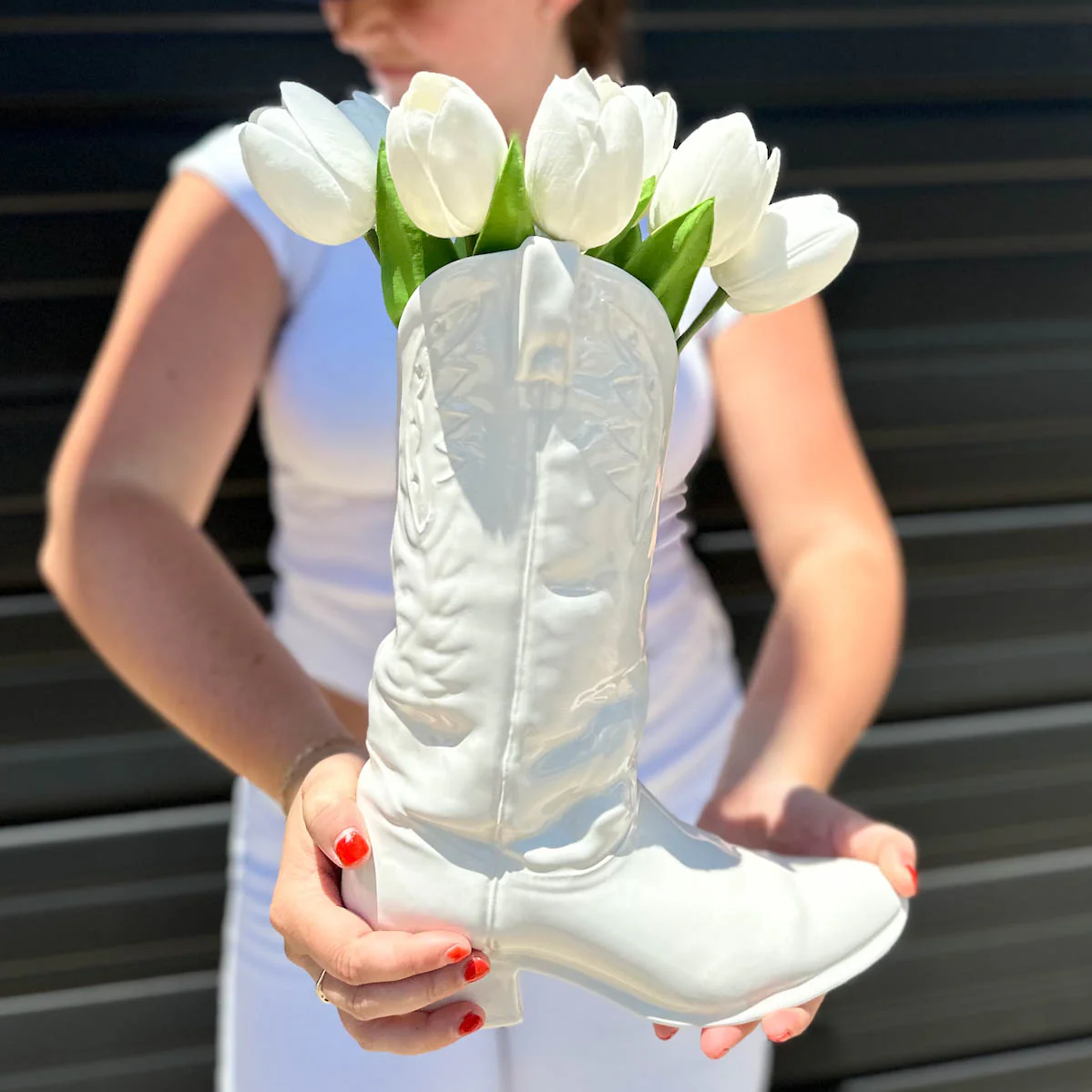 Cowboy Boot Vase in White - Image 3