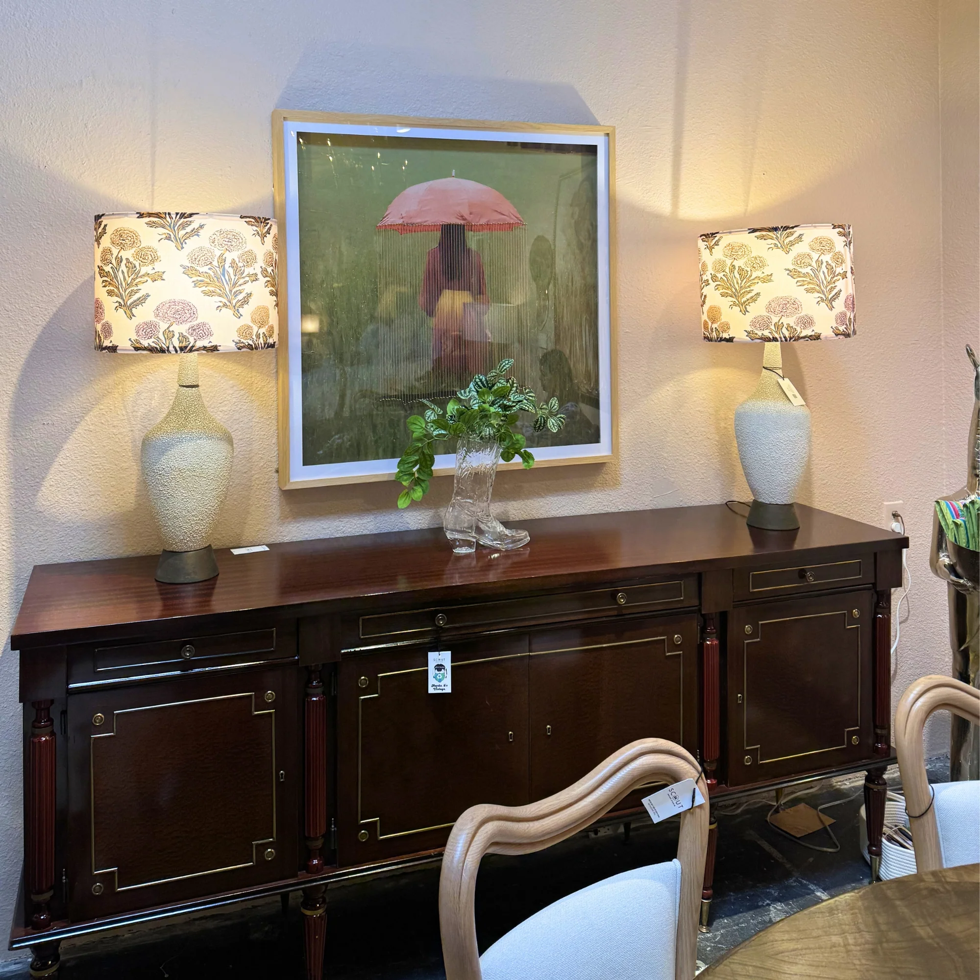 Pair of Ivory Plaster & Brass Lamps with Floral Shades - Image 2