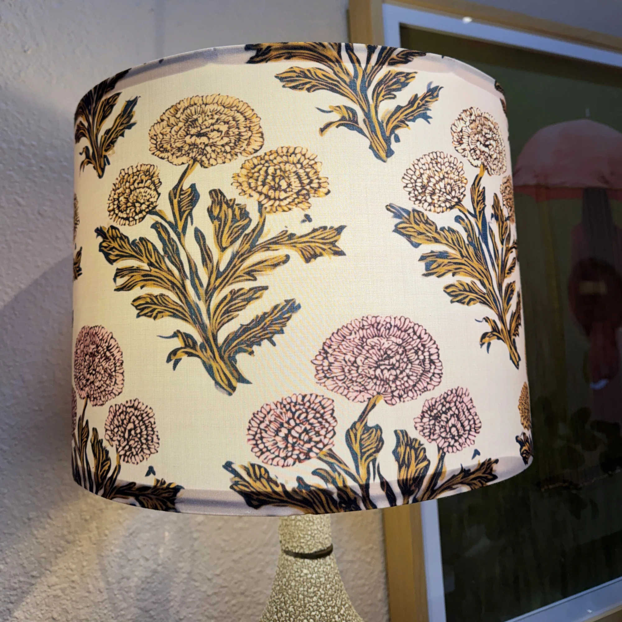 Pair of Ivory Plaster & Brass Lamps with Floral Shades - Image 3