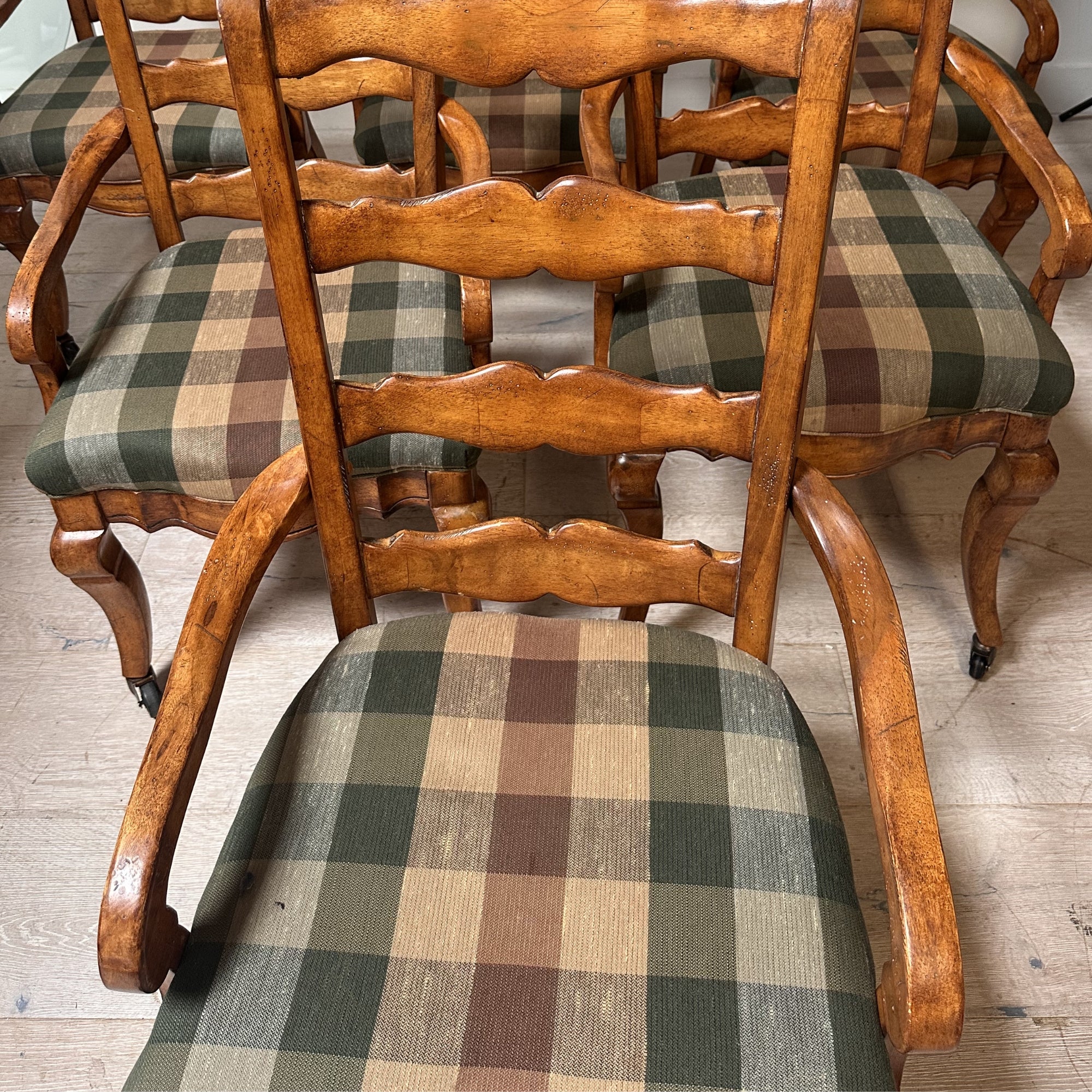 Set of 6 Ladder Back Arm Chairs on Casters - Image 2
