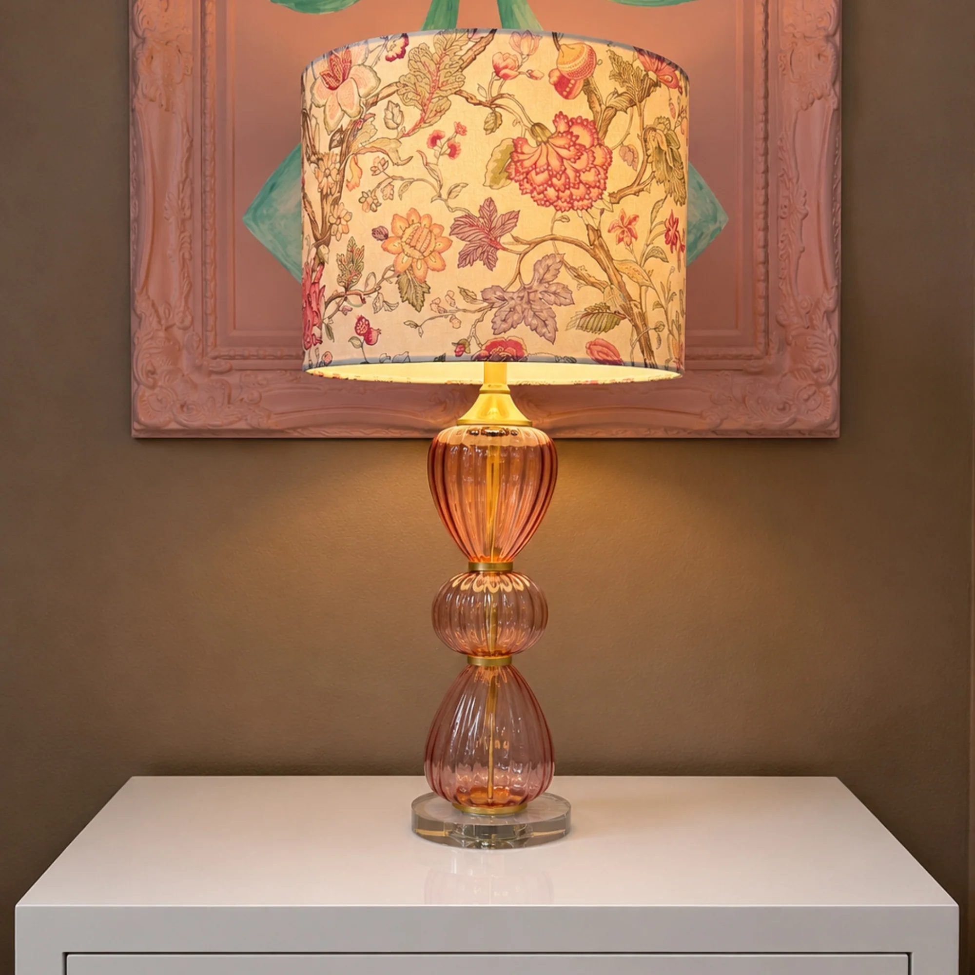 Pair of Pink Blown Glass Lamps with Botanical Print Shades - Image 3