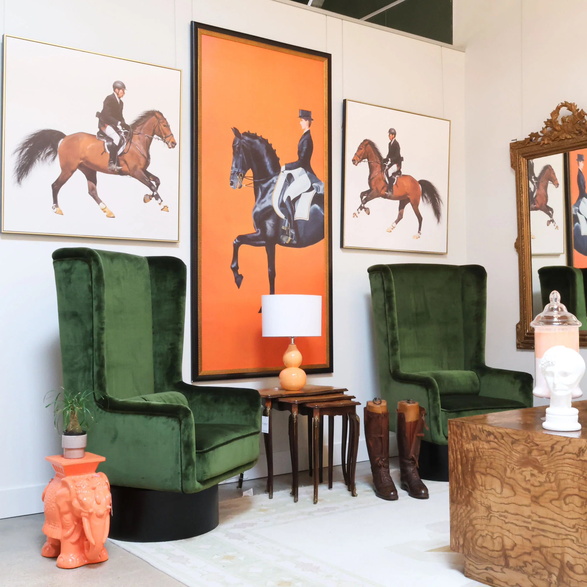 Framed Equestrian Artwork on Silk Cloth - Orange - Image 2