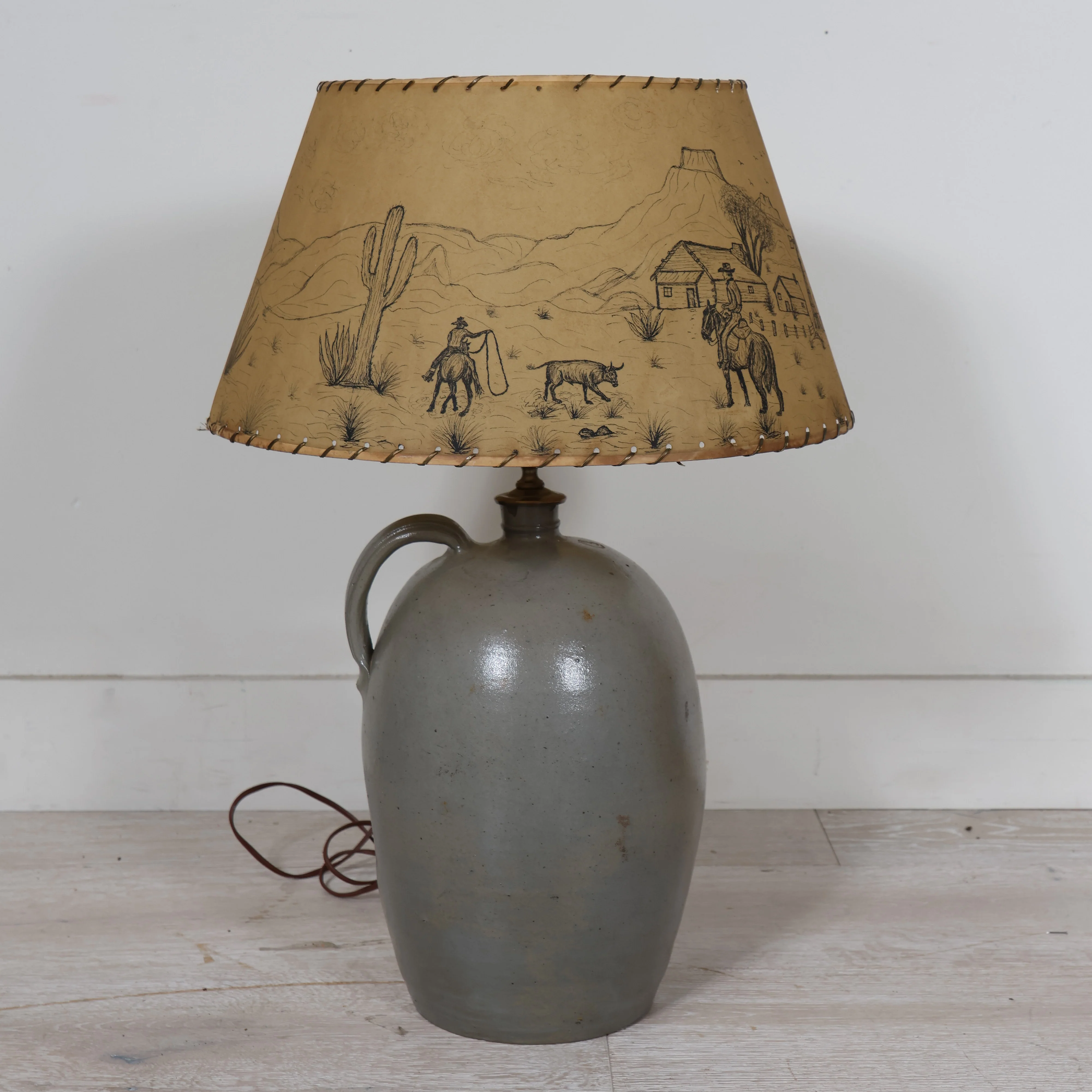 Grey Ceramic Lamp Base with Handpainted Western Shade - Image 2