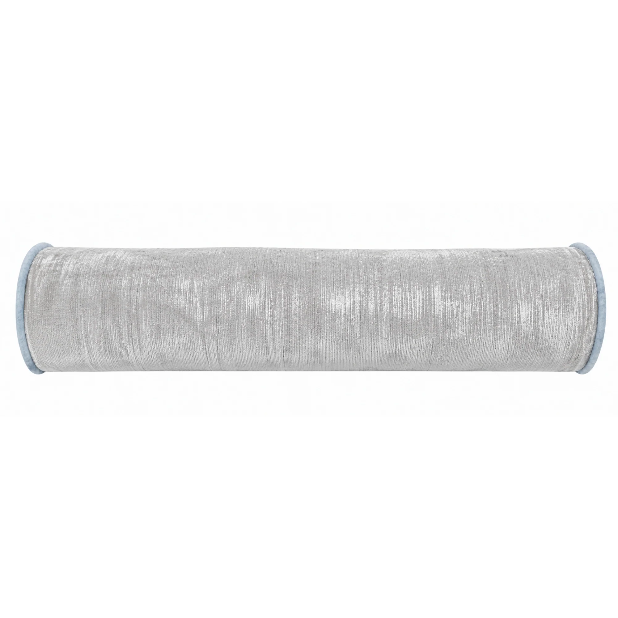 In Stock Bolster Pillow 46" in Silver Velvet and Blue Piping