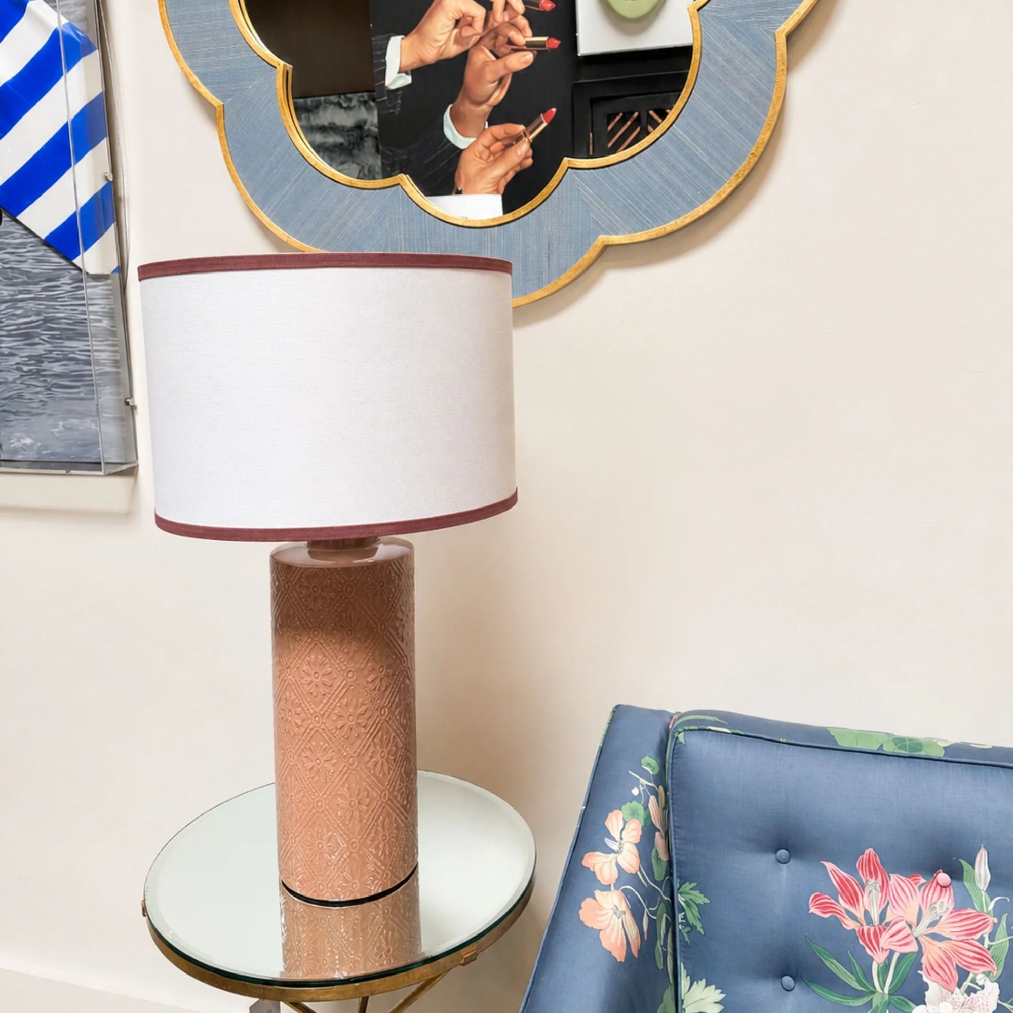 Pair of Dusty Rose Ceramic Embossed Lamps with Contrast Drum Shades - Image 2
