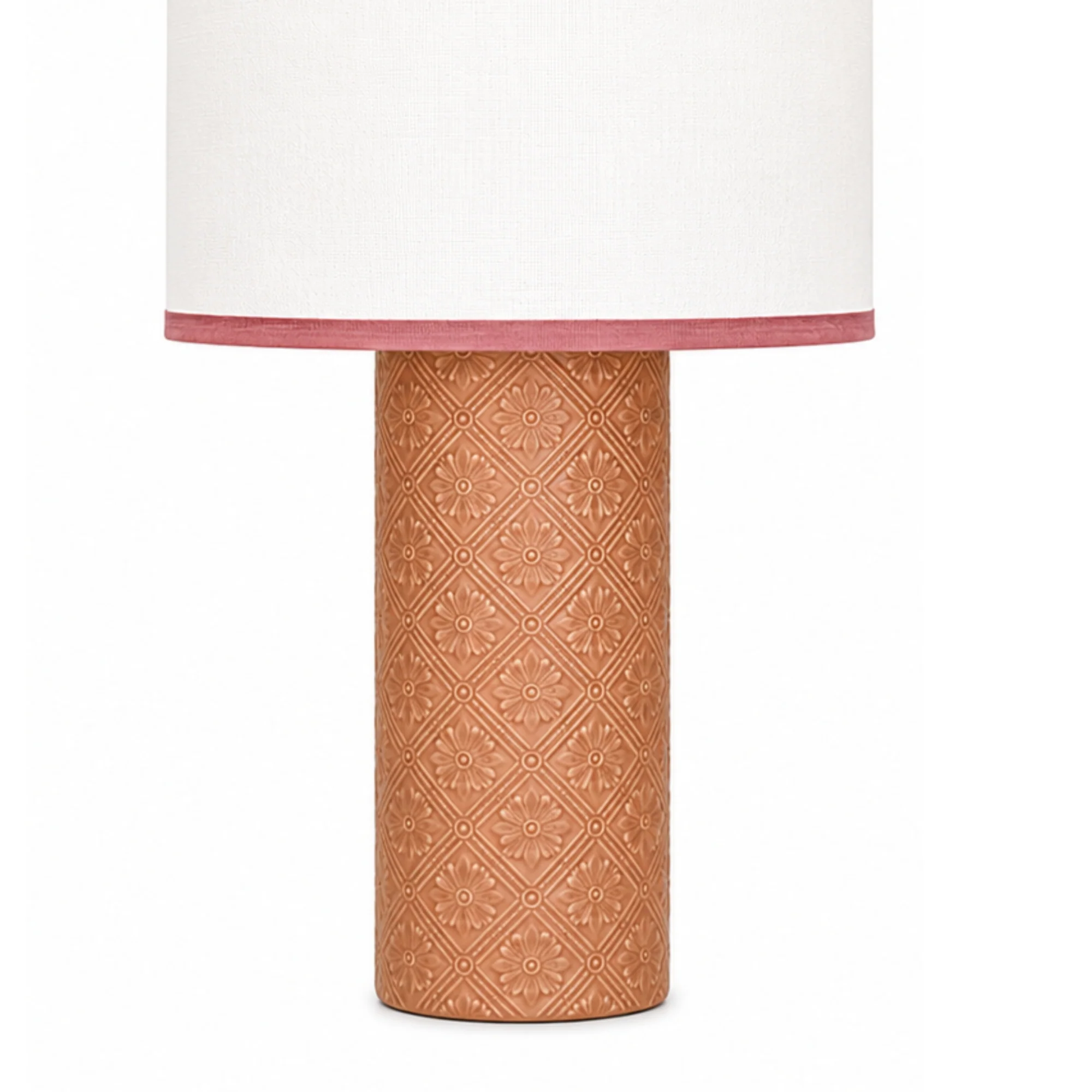 Pair of Dusty Rose Ceramic Embossed Lamps with Contrast Drum Shades - Image 3