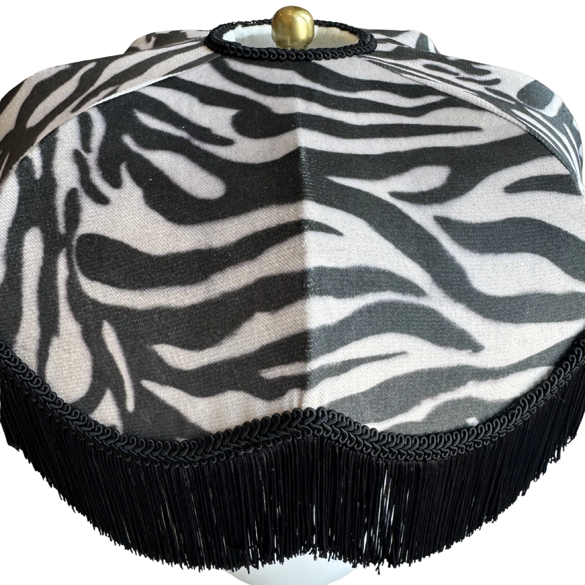 Pair of White Ceramic Vase Lamps with Zebra Fringe Shades - Image 3