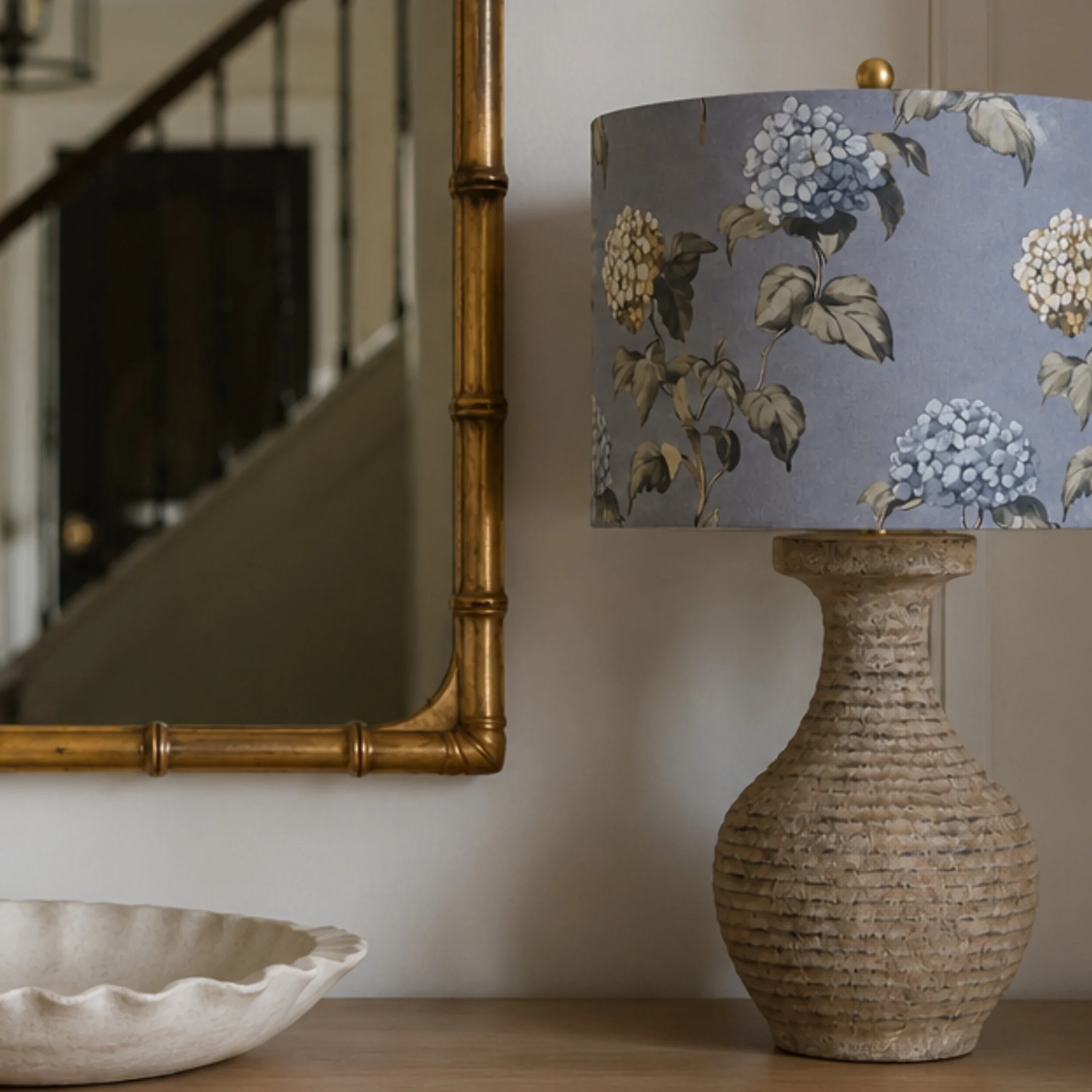 Pair of Grey Concrete Lamps with Hydrangea Print Shades - Image 2